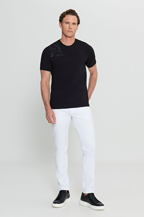 Pamuklu Slim Fit Dar Kesim Bisiklet Yaka Baskılı Esnek Siyah Tişört resmi