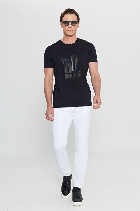 Pamuklu Slim Fit Dar Kesim Bisiklet Yaka Baskılı Esnek Siyah Tişört resmi