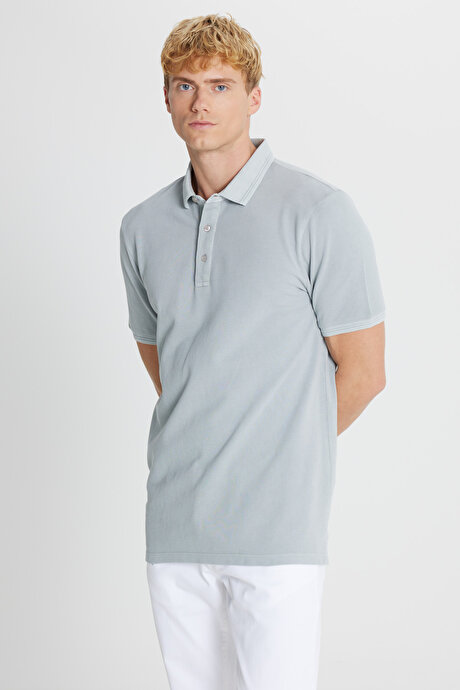 %100 Pamuk Slim Fit Dar Kesim Polo Yaka Gri Tişört resmi