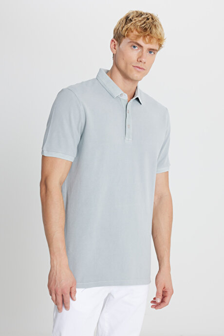 %100 Pamuk Slim Fit Dar Kesim Polo Yaka Gri Tişört resmi