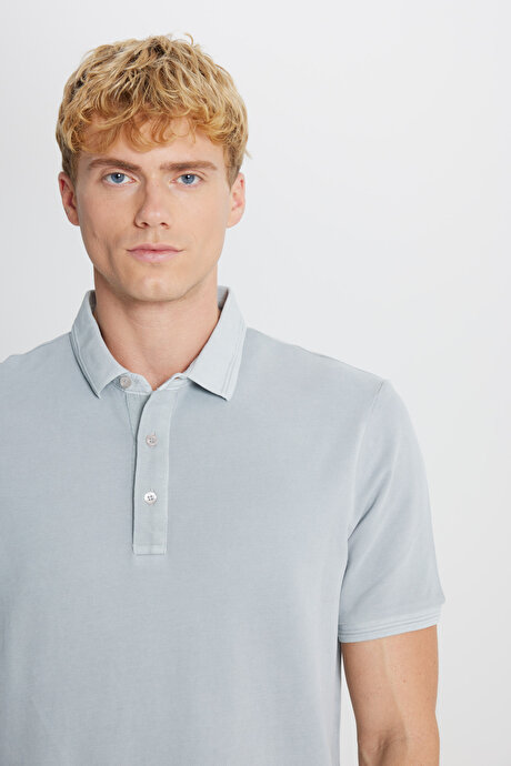 %100 Pamuk Slim Fit Dar Kesim Polo Yaka Gri Tişört resmi