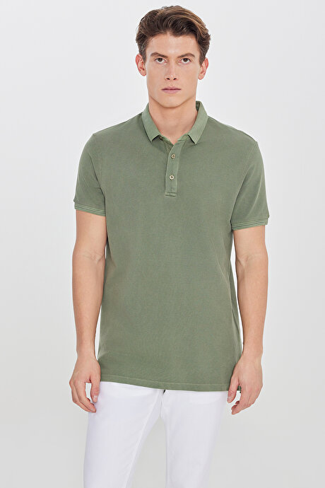 %100 Pamuk Slim Fit Dar Kesim Polo Yaka Haki Tişört resmi