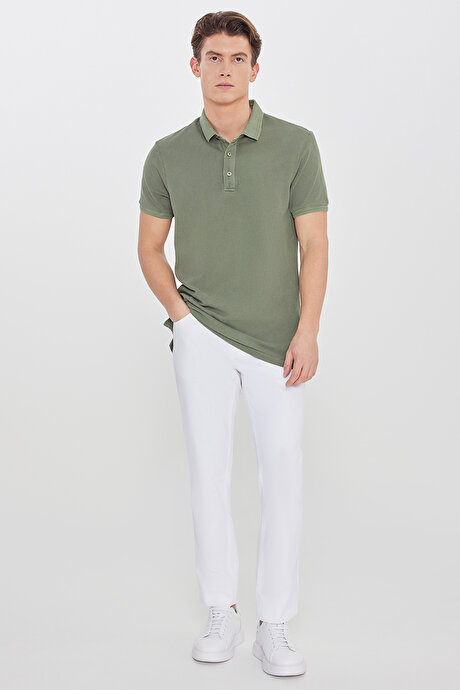 %100 Pamuk Slim Fit Dar Kesim Polo Yaka Haki Tişört resmi