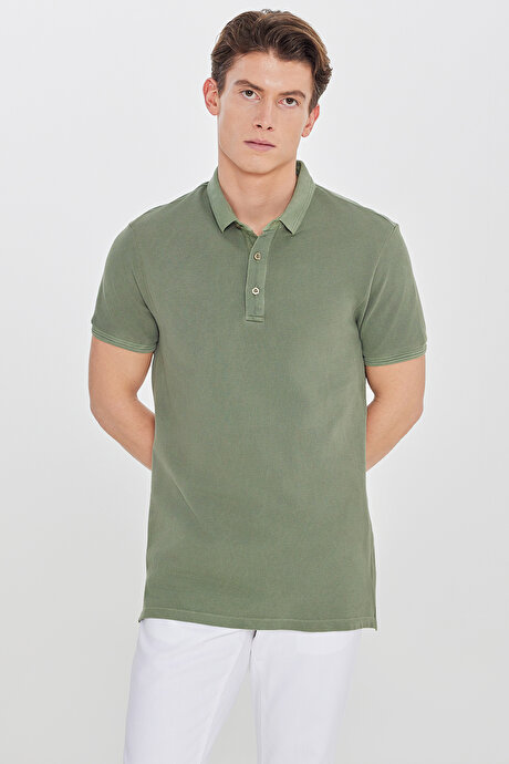 %100 Pamuk Slim Fit Dar Kesim Polo Yaka Haki Tişört resmi