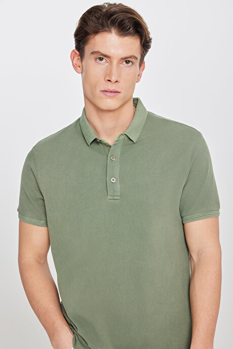 %100 Pamuk Slim Fit Dar Kesim Polo Yaka Haki Tişört resmi
