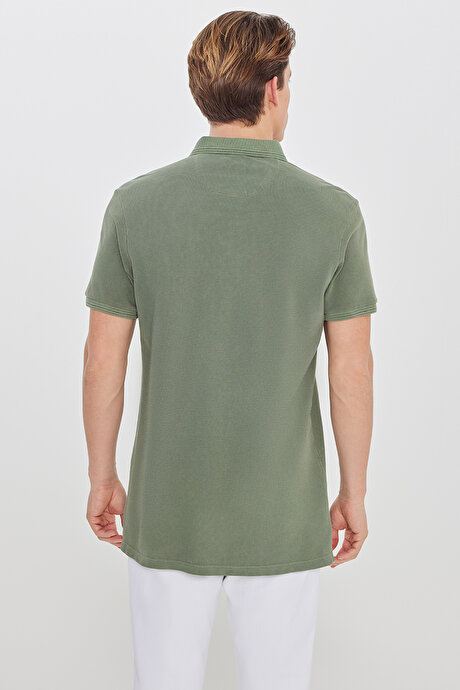 %100 Pamuk Slim Fit Dar Kesim Polo Yaka Haki Tişört resmi