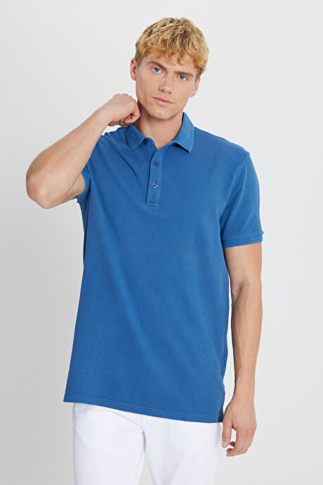 %100 Pamuk Slim Fit Dar Kesim Polo Yaka İndigo Tişört resmi
