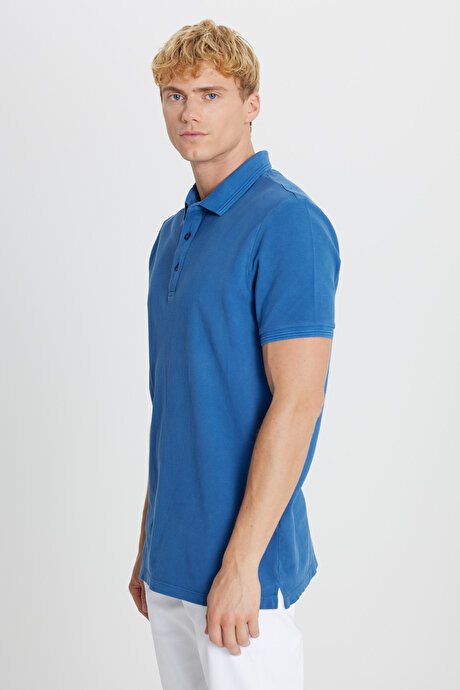 %100 Pamuk Slim Fit Dar Kesim Polo Yaka İndigo Tişört resmi