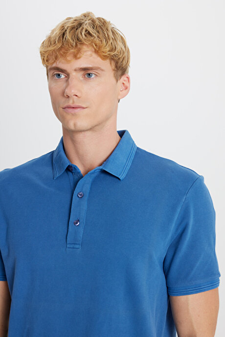 %100 Pamuk Slim Fit Dar Kesim Polo Yaka İndigo Tişört resmi