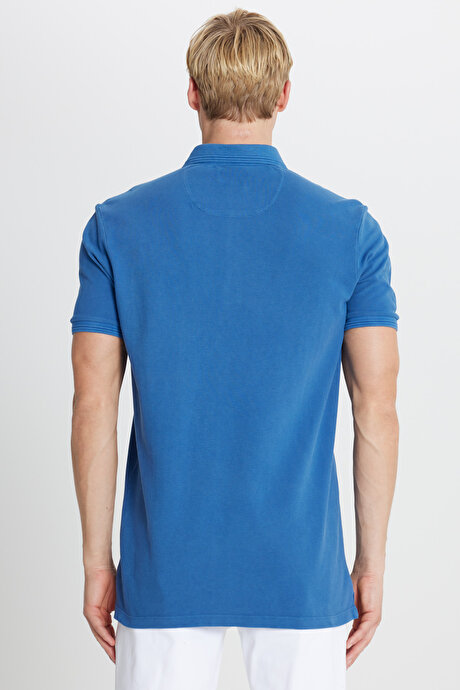 %100 Pamuk Slim Fit Dar Kesim Polo Yaka İndigo Tişört resmi