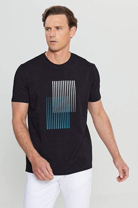 Pamuklu Slim Fit Dar Kesim Bisiklet Yaka Baskılı Esnek Siyah Tişört resmi