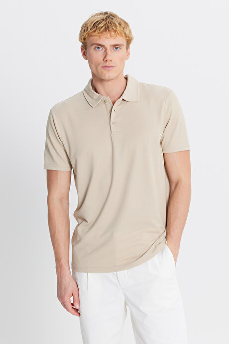 Standart Fit Normal Kesim Polo Yaka Bej Tişört resmi