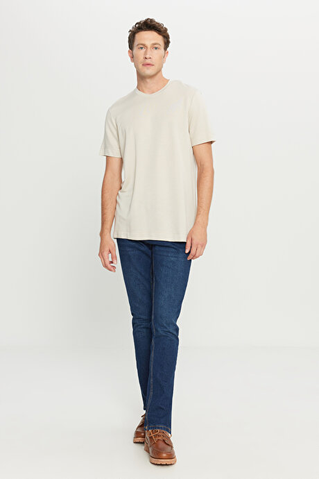 Slim Fit Dar Kesim Bisiklet Yaka Esnek Bej Tişört resmi