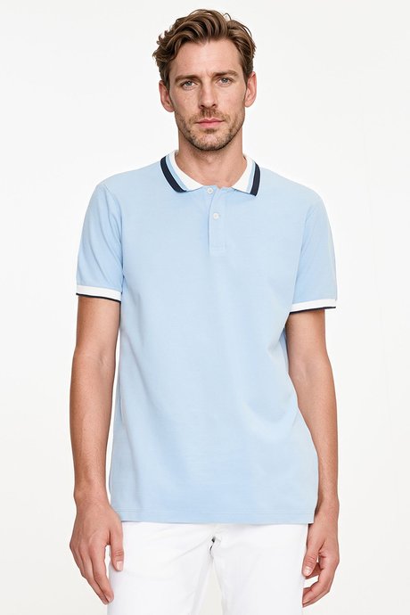 %100 Pamuk Slim Fit Dar Kesim Polo Yaka Açık Mavi Tişört resmi