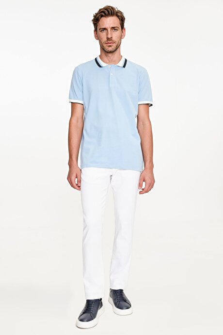 %100 Pamuk Slim Fit Dar Kesim Polo Yaka Açık Mavi Tişört resmi
