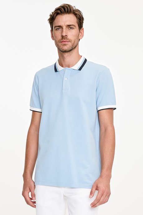 %100 Pamuk Slim Fit Dar Kesim Polo Yaka Açık Mavi Tişört resmi