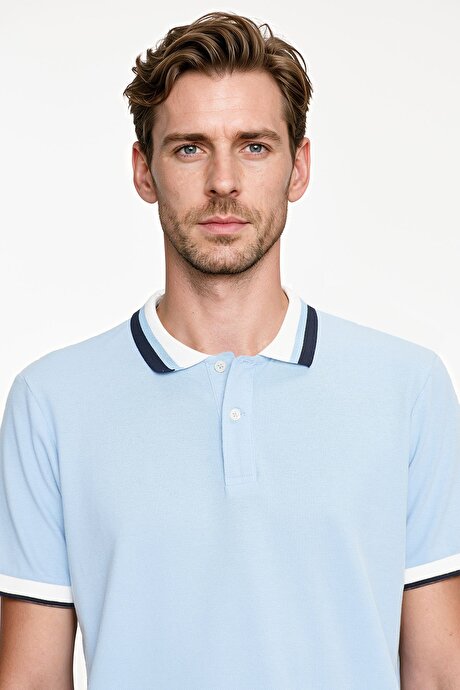 %100 Pamuk Slim Fit Dar Kesim Polo Yaka Açık Mavi Tişört resmi