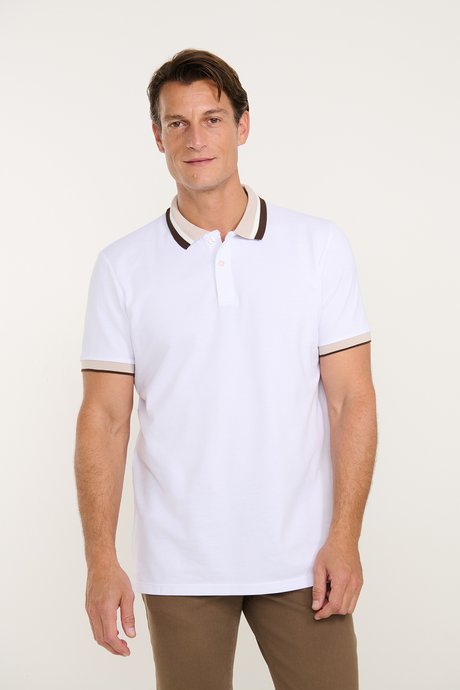 %100 Pamuk Slim Fit Dar Kesim Polo Yaka Beyaz Tişört resmi
