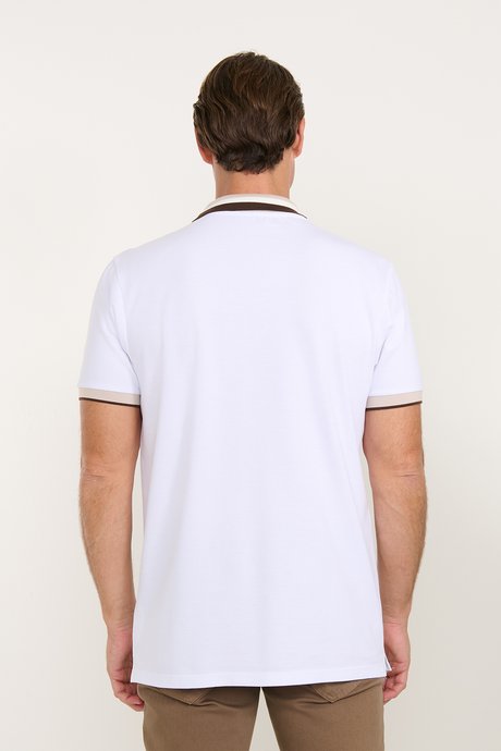 %100 Pamuk Slim Fit Dar Kesim Polo Yaka Beyaz Tişört resmi