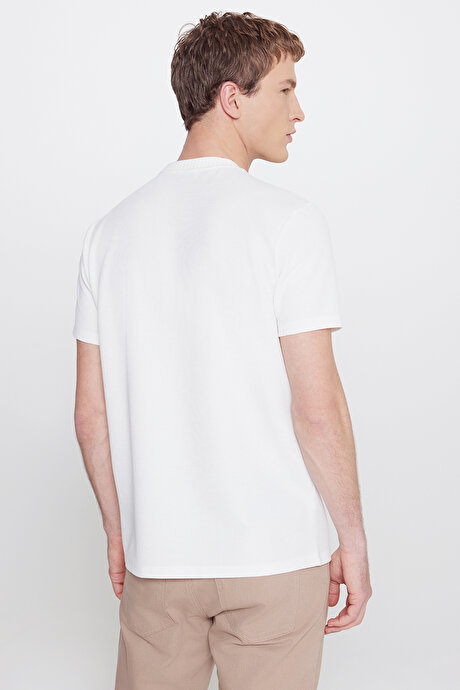 Slim Fit Dar Kesim Bisiklet Yaka Jakarlı Esnek Ekru Tişört resmi