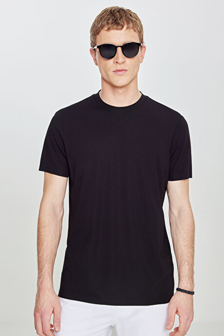 Rayon Kumaş Standart Fit Normal Kesim Bisiklet Yaka Esnek Siyah Tişört resmi