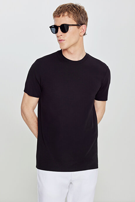 Rayon Kumaş Standart Fit Normal Kesim Bisiklet Yaka Esnek Siyah Tişört resmi