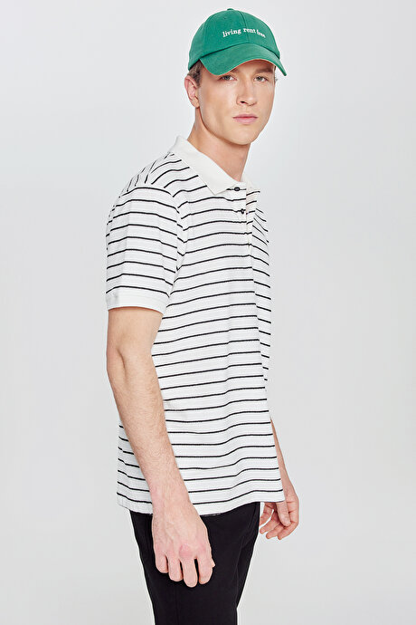 Pamuklu Slim Fit Dar Kesim Polo Yaka Çizgili Beyaz-Siyah Tişört resmi