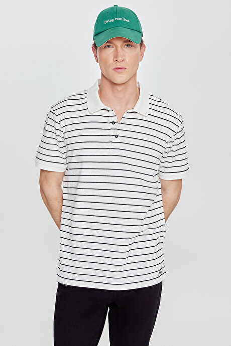 Pamuklu Slim Fit Dar Kesim Polo Yaka Çizgili Beyaz-Siyah Tişört resmi