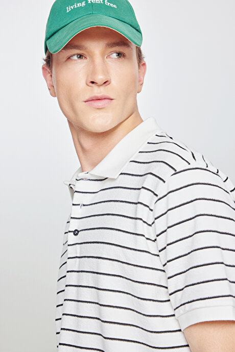 Pamuklu Slim Fit Dar Kesim Polo Yaka Çizgili Beyaz-Siyah Tişört resmi