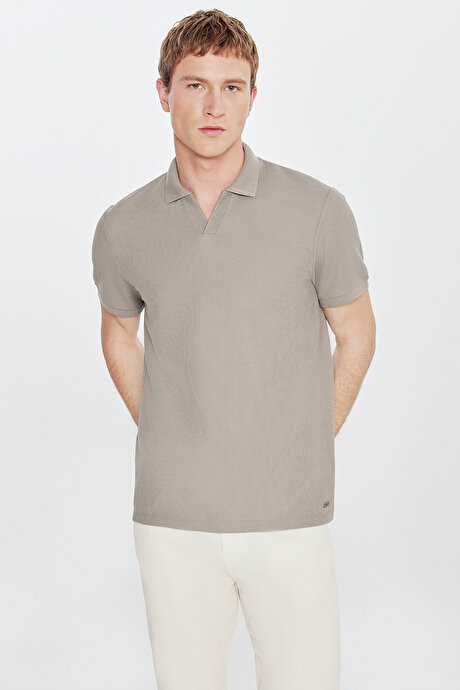 Slim Fit Dar Kesim Polo Yaka Jakarlı Esnek Haki Tişört resmi