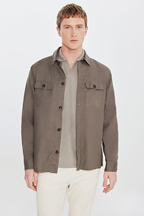 Slim Fit Dar Kesim Polo Yaka Jakarlı Esnek Haki Tişört resmi