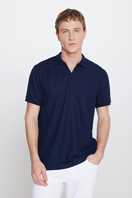 Slim Fit Dar Kesim Polo Yaka Jakarlı Esnek Lacivert Tişört resmi