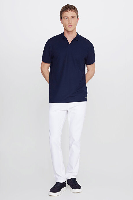 Slim Fit Dar Kesim Polo Yaka Jakarlı Esnek Lacivert Tişört resmi