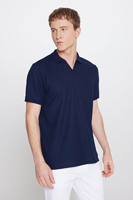 Slim Fit Dar Kesim Polo Yaka Jakarlı Esnek Lacivert Tişört resmi