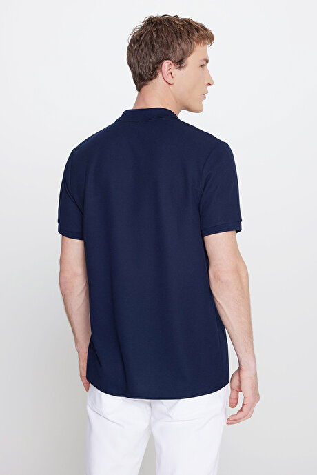Slim Fit Dar Kesim Polo Yaka Jakarlı Esnek Lacivert Tişört resmi