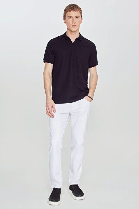 Slim Fit Dar Kesim Polo Yaka Jakarlı Esnek Siyah Tişört resmi