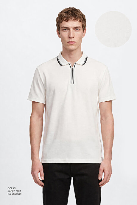 Slim Fit Dar Kesim Polo Yaka Jakarlı Esnek Ekru Tişört resmi