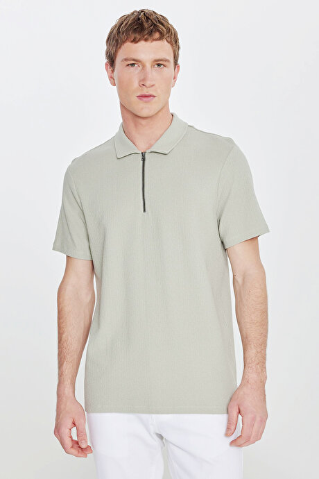 %100 Pamuk Slim Fit Dar Kesim Polo Yaka Jakarlı Mint Tişört resmi