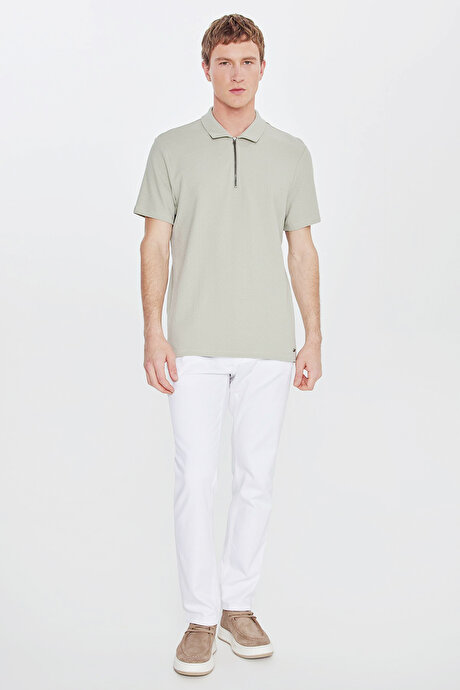 %100 Pamuk Slim Fit Dar Kesim Polo Yaka Jakarlı Mint Tişört resmi