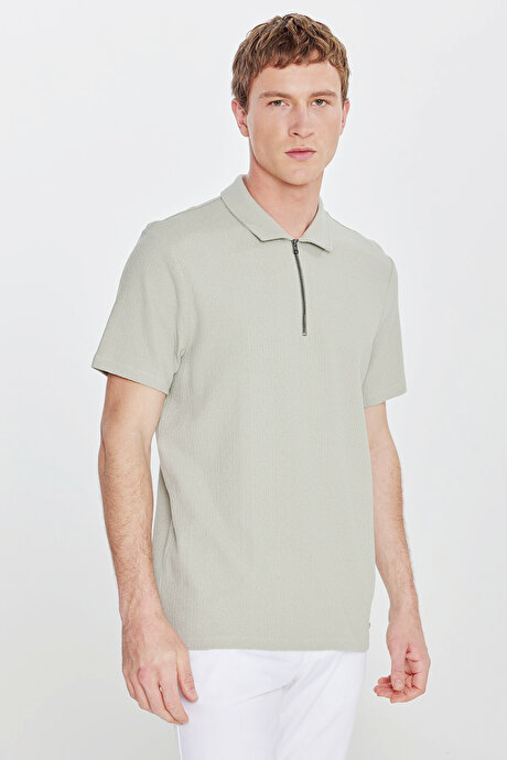 %100 Pamuk Slim Fit Dar Kesim Polo Yaka Jakarlı Mint Tişört resmi