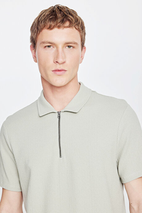 %100 Pamuk Slim Fit Dar Kesim Polo Yaka Jakarlı Mint Tişört resmi