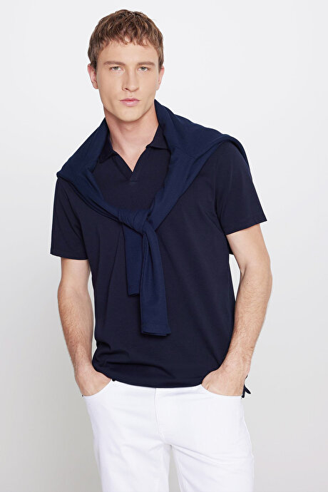 %100 Pamuk Slim Fit Dar Kesim Polo Yaka Lacivert Tişört resmi