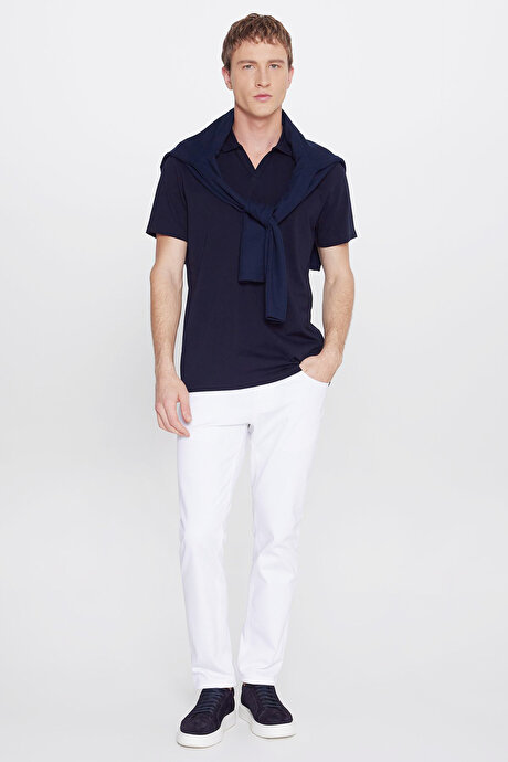 %100 Pamuk Slim Fit Dar Kesim Polo Yaka Lacivert Tişört resmi