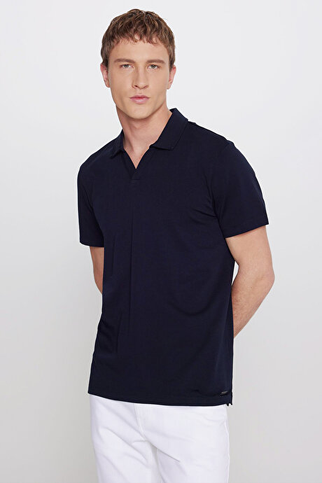 %100 Pamuk Slim Fit Dar Kesim Polo Yaka Lacivert Tişört resmi