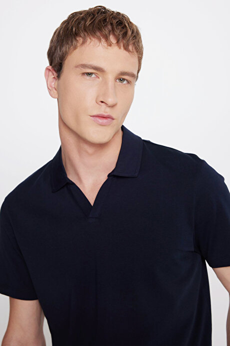 %100 Pamuk Slim Fit Dar Kesim Polo Yaka Lacivert Tişört resmi