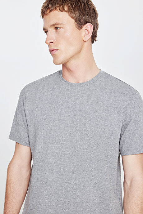 Pamuklu Standart Fit Normal Kesim Bisiklet Yaka Esnek Gri Melanj Tişört resmi