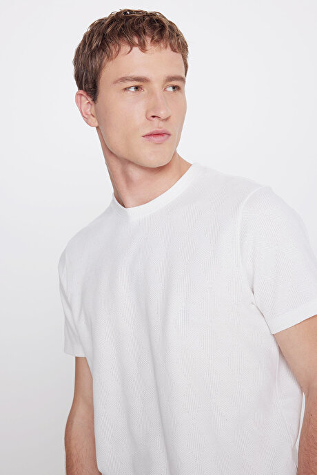 Pamuklu Slim Fit Bisiklet Yaka Jakarlı Esnek Ekru Tişört resmi