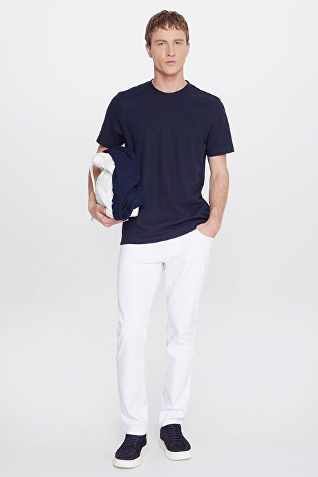 Pamuklu Slim Fit Bisiklet Yaka Jakarlı Esnek Lacivert Tişört resmi