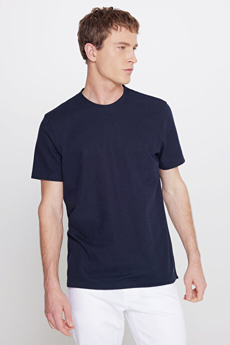 Pamuklu Slim Fit Bisiklet Yaka Jakarlı Esnek Lacivert Tişört resmi