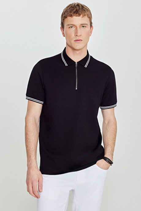 Slim Fit Dar Kesim Polo Yaka Esnek Siyah Tişört resmi
